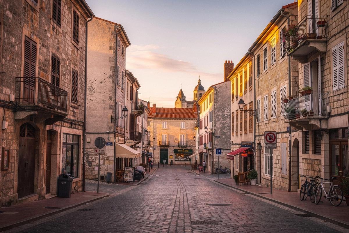 Sunrise over a European old town street at the start of a sightseeing day