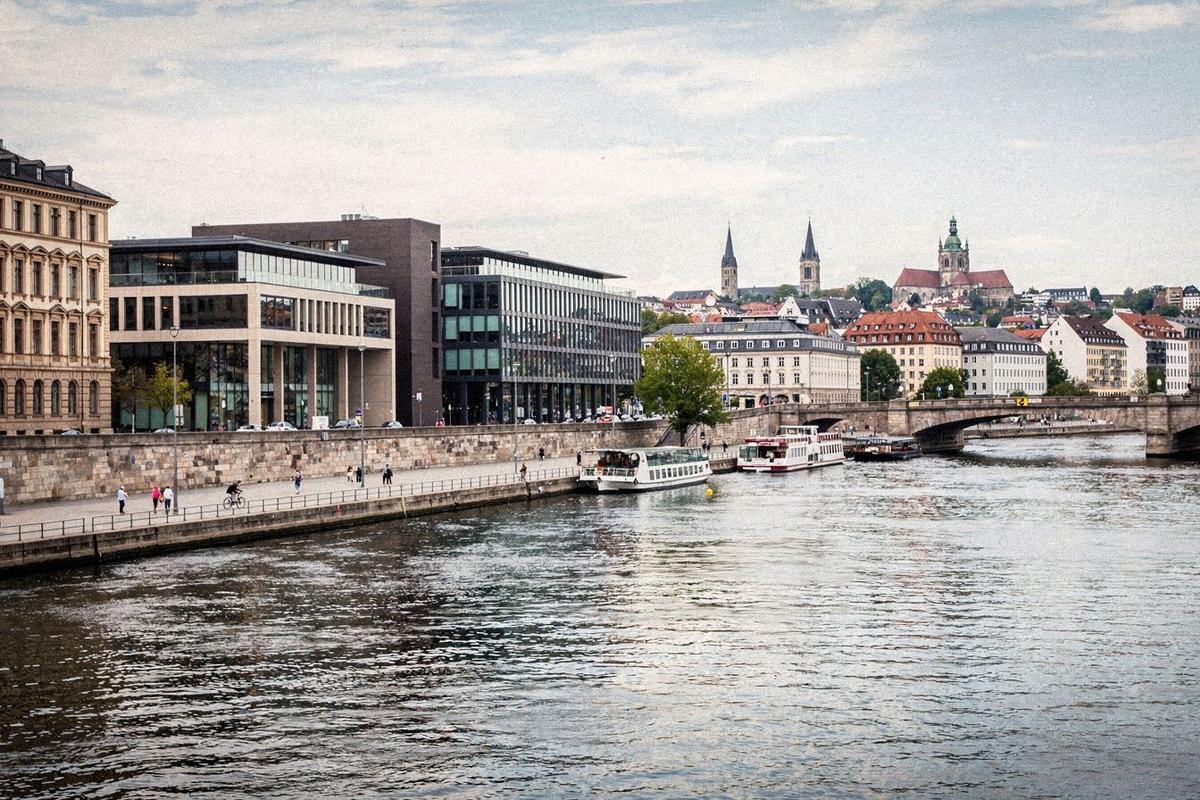 A European riverside and museum district viewed during a guided sightseeing day